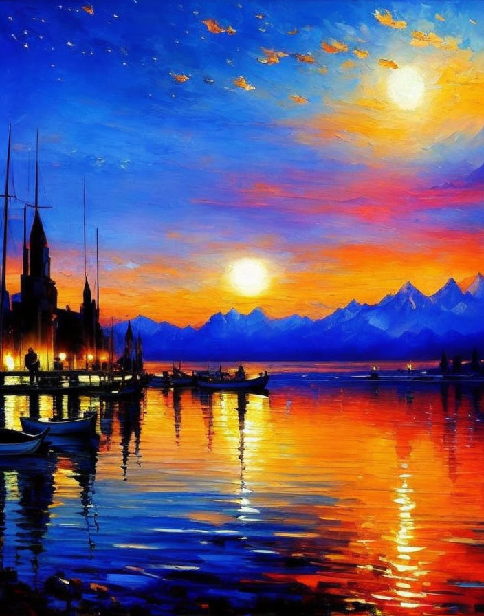 Scenic sunset painting with lake, boats, dock, colorful sky, and mountains