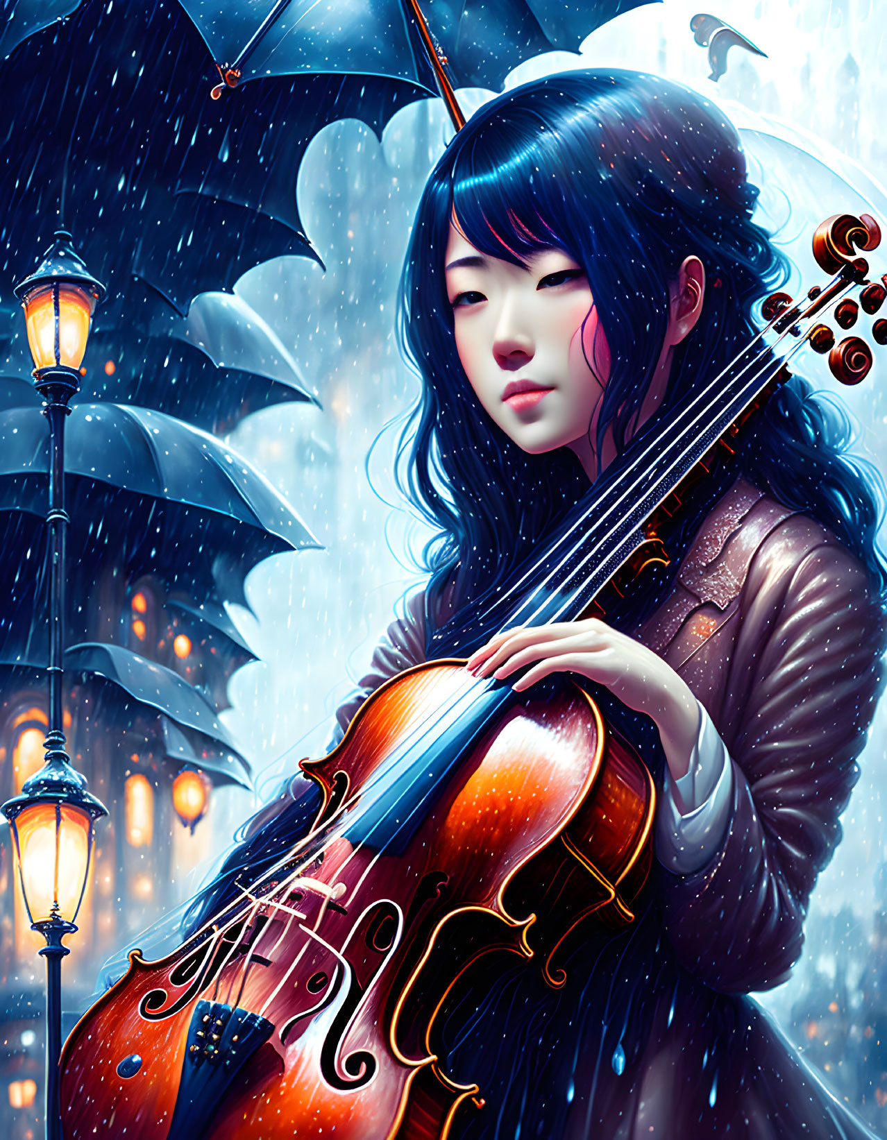 Illustrated woman with blue hair holding a violin under umbrella in snowfall.