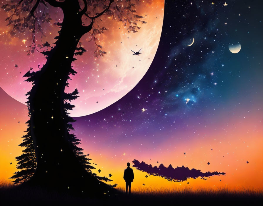 Person's silhouette under tree in vibrant night sky with moon, stars, planet, and birds.