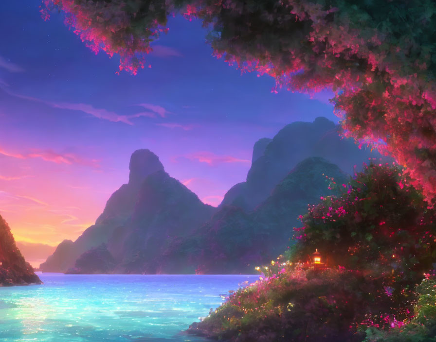 Bioluminescent Water, Green Mountains, Pink Foliage: Sunset Scene