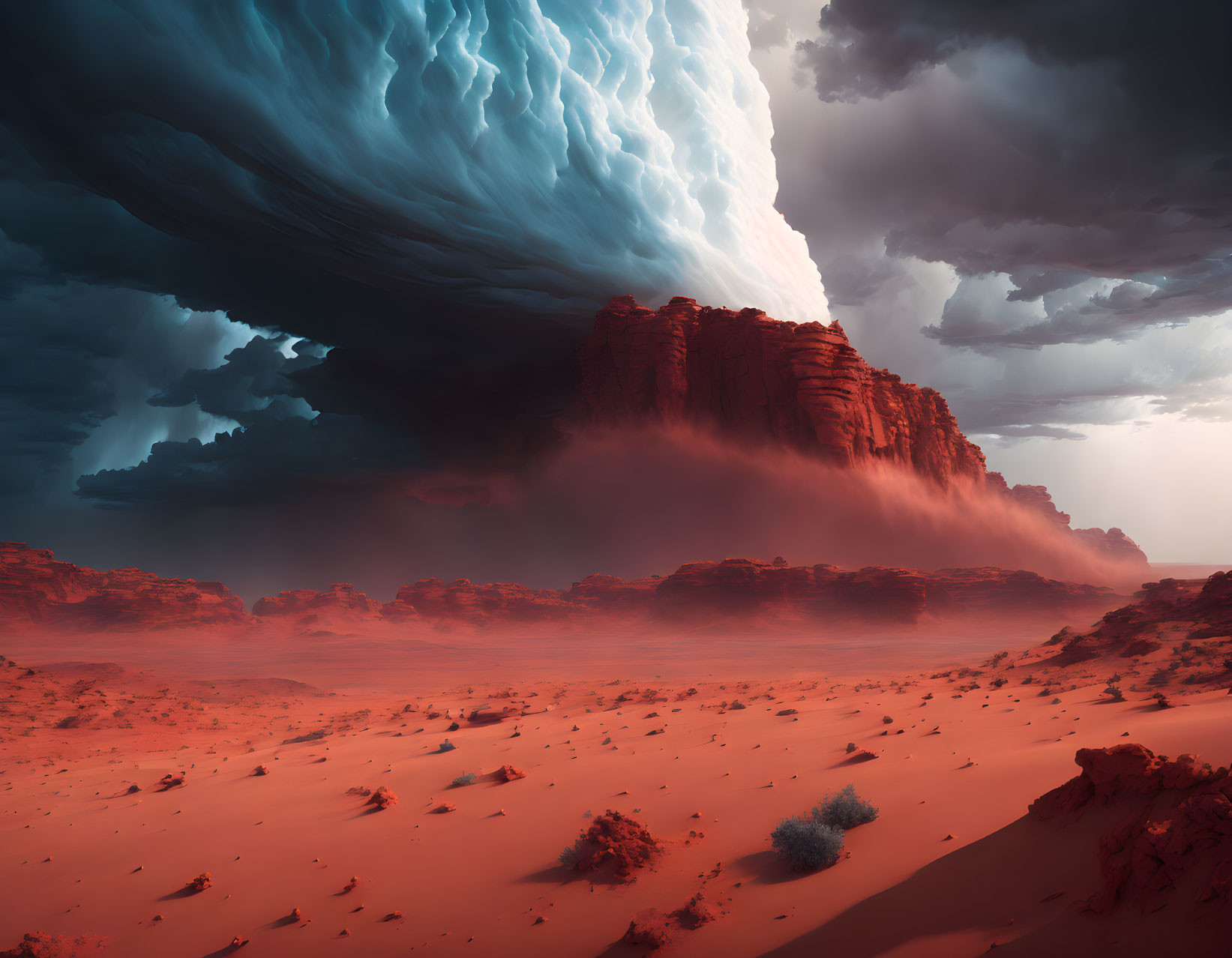 Dramatic desert landscape under massive storm cloud