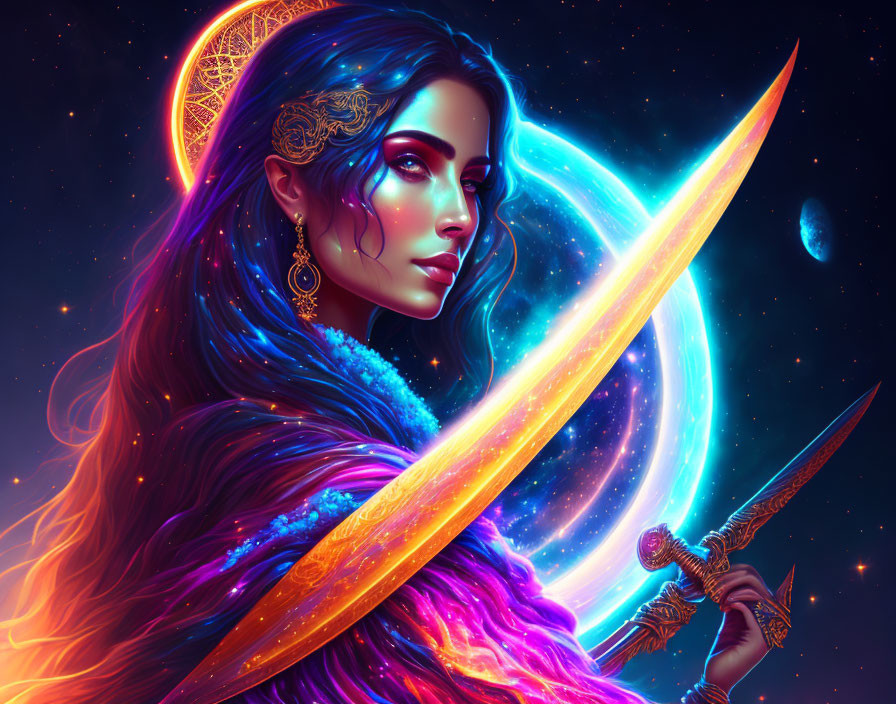 Colorful illustration of woman with glowing sword in cosmic setting