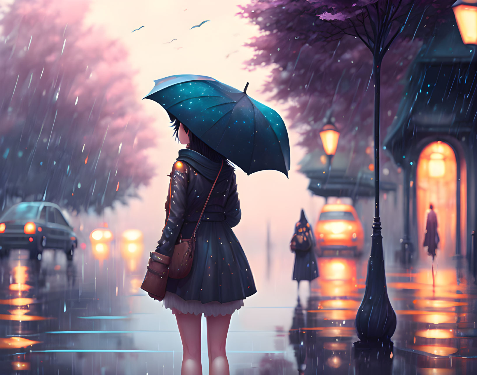 Lonely figure with blue polka dot umbrella in rainy city street with glowing lamps and cherry blossoms