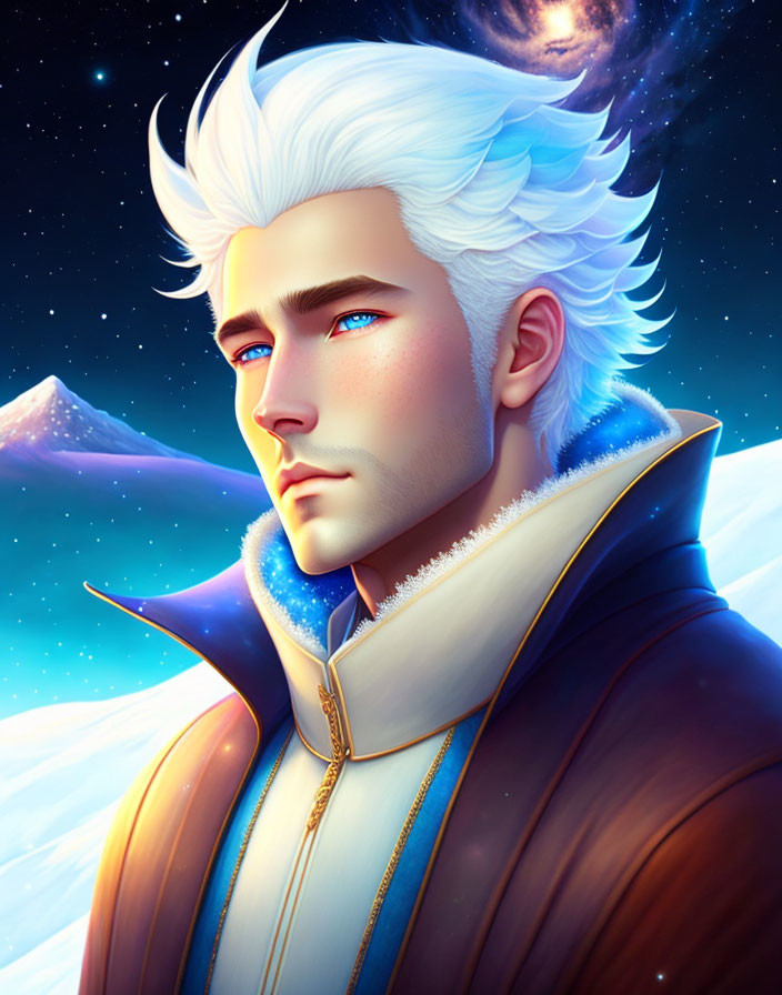 Character with White Hair and Blue Eyes in Brown Coat Against Starry Night Sky