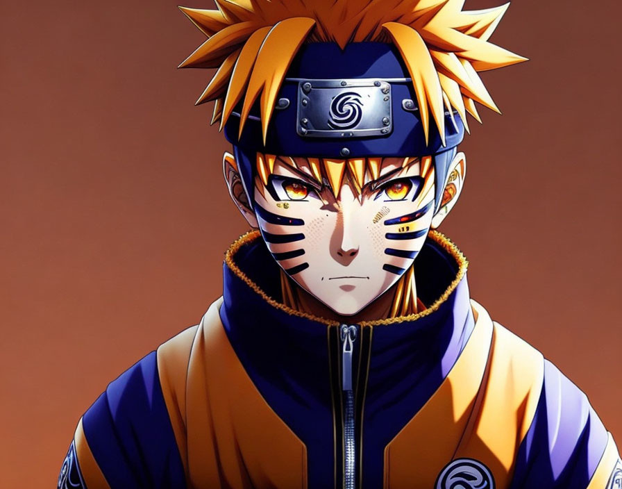 Anime character with spiky blonde hair and whisker marks in orange and black attire.