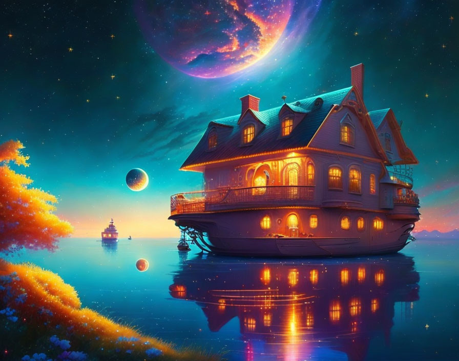 Fantastical illuminated houseboat on calm waters with two moons and vibrant flora