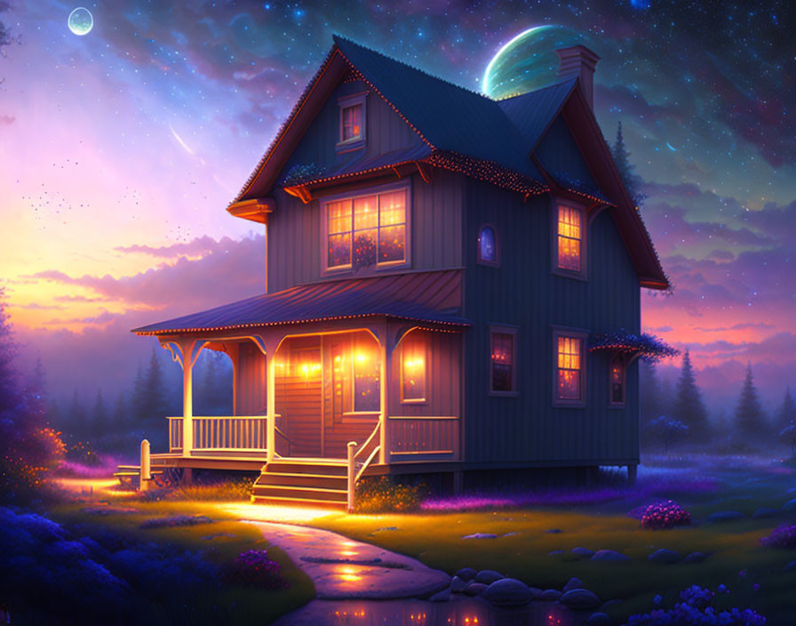 Two-story house with illuminated windows amidst flowers under starry twilight sky