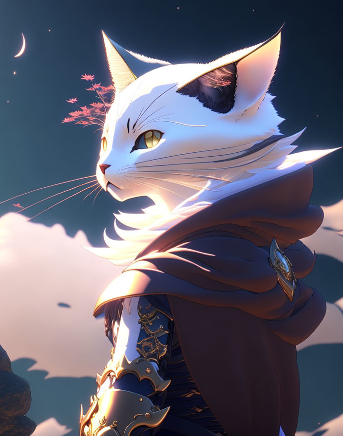 Anthropomorphic white cat in ornate armor and cloak against dusky sky.