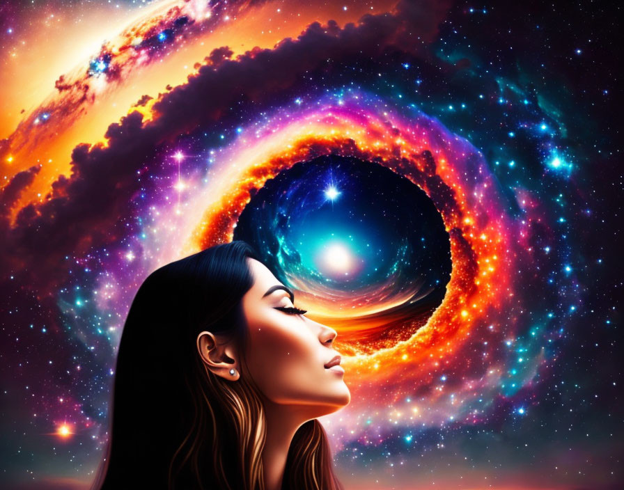 Woman's profile against vibrant cosmic backdrop with black hole, stars, and nebulae.