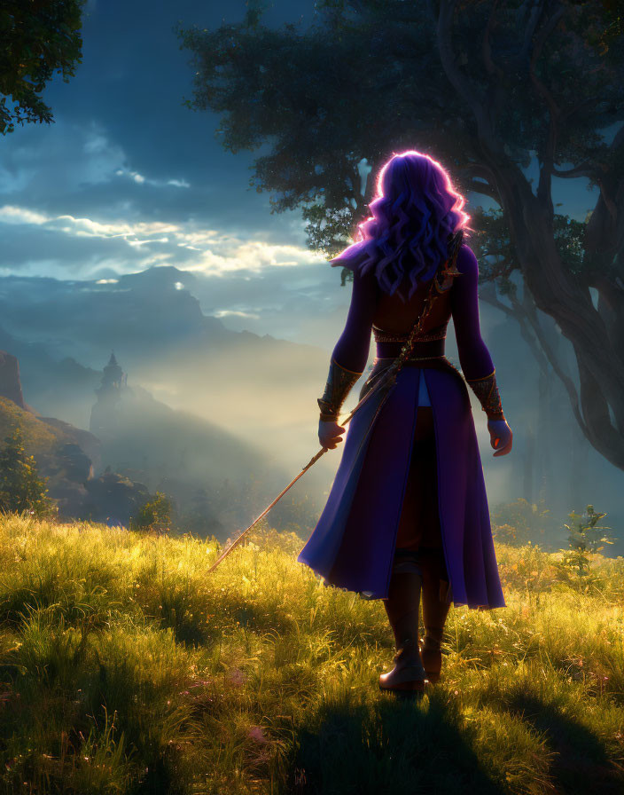 Purple-haired character in medieval attire gazes over misty landscape with trees and distant spires at dawn