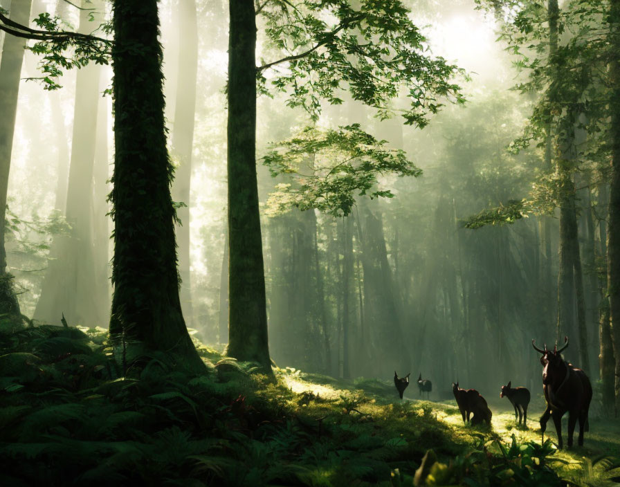 Misty forest scene with deer in lush greenery