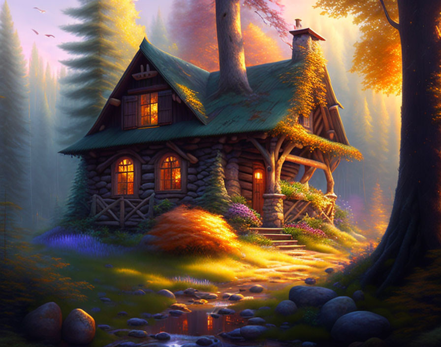 Twilight scene: Cottage in serene forest with flowing stream