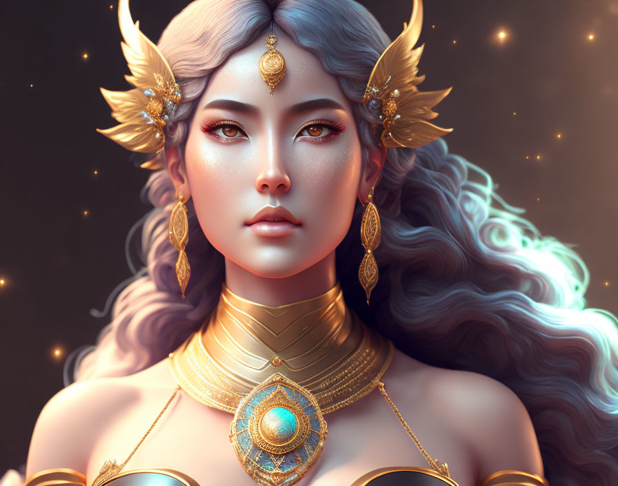 Fantasy illustration of ethereal woman with golden jewelry in celestial setting