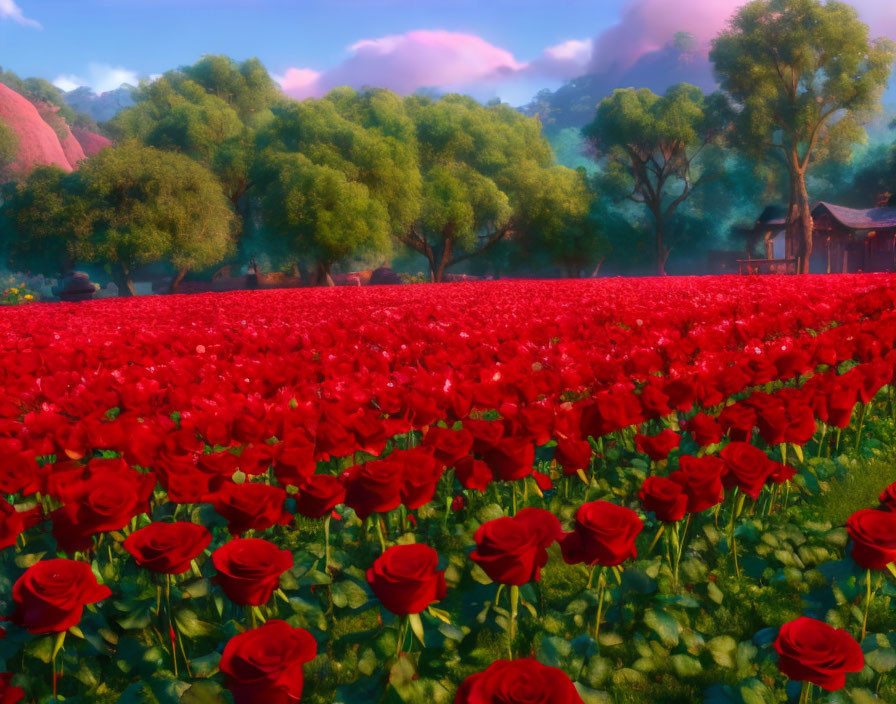 Lush Red Rose Field with Green Trees and Pastel Sky