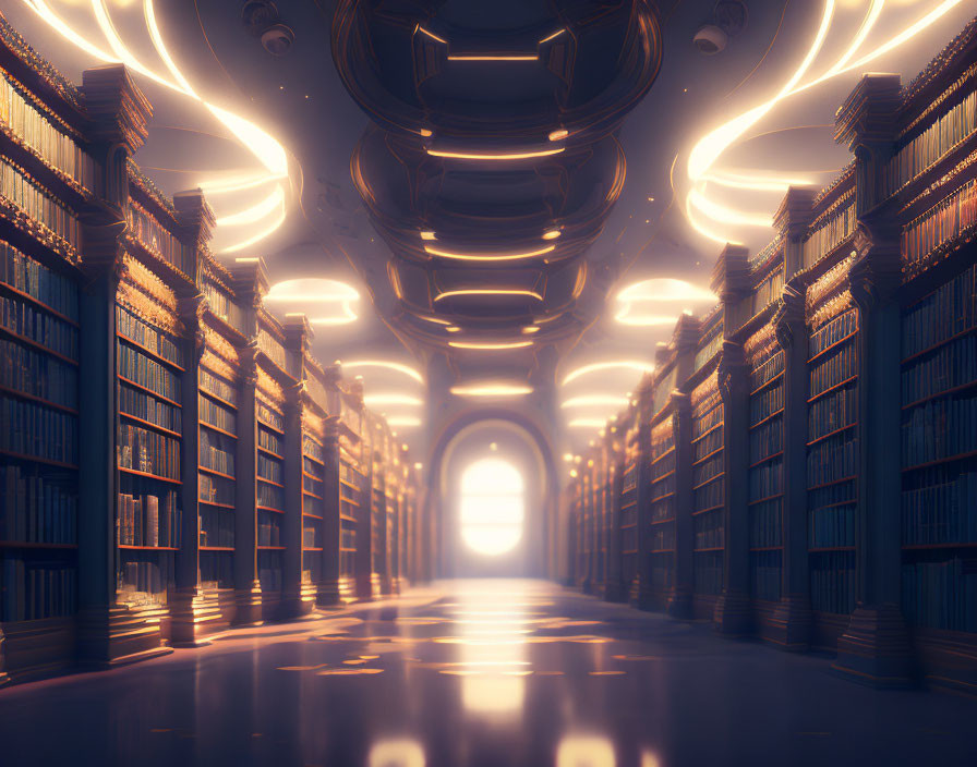 Vast library with towering bookshelves and luminous ceiling