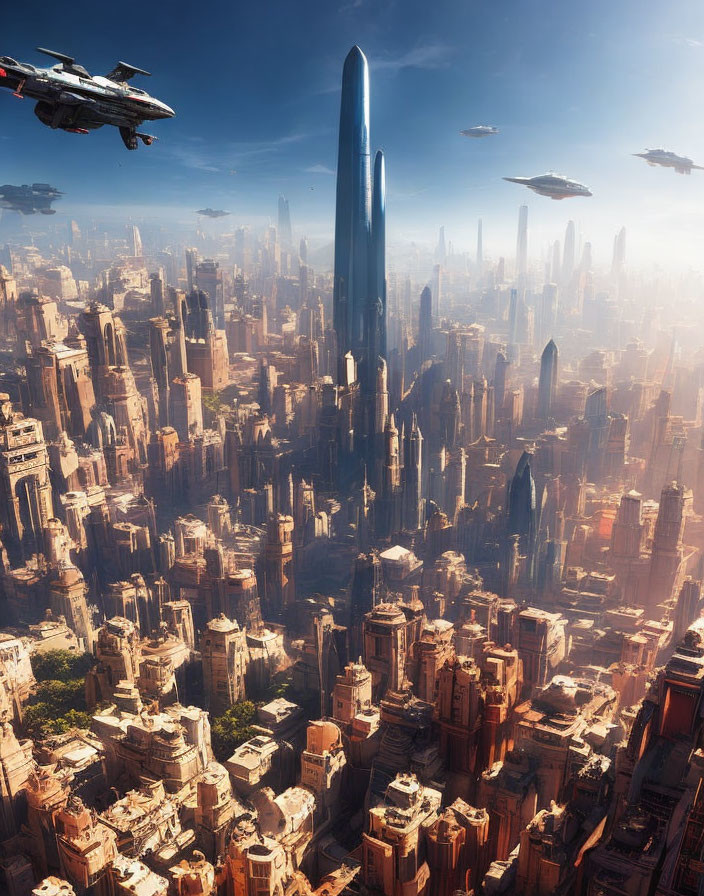 Futuristic cityscape with skyscrapers, monolithic structure, flying vehicles