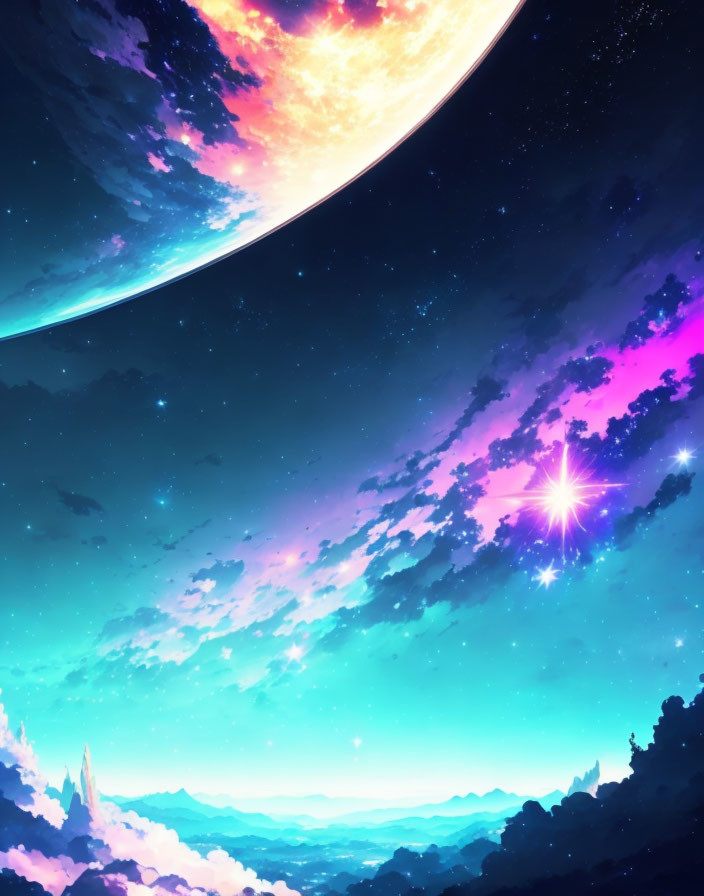 Digital artwork: Surreal cosmic sky with planet, stars, nebulae, and mountains