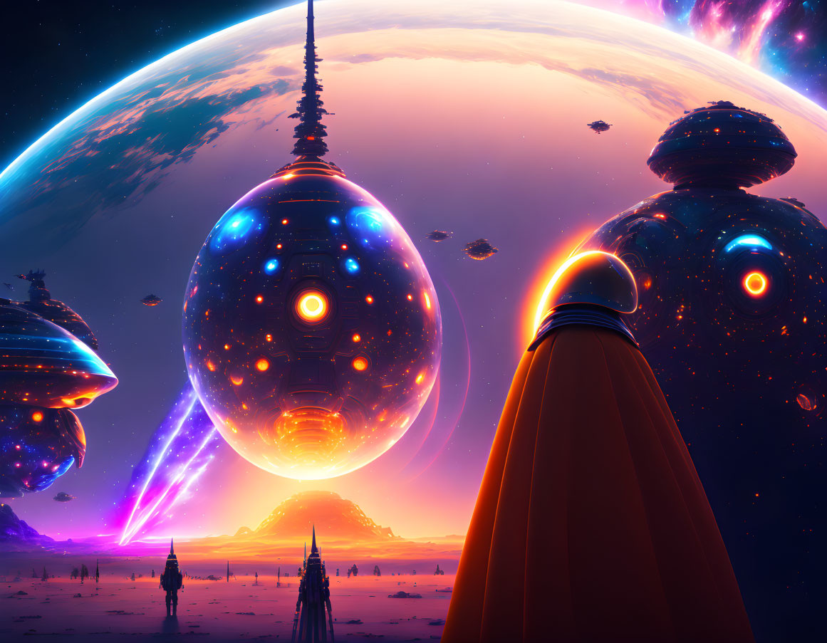 Colorful sci-fi landscape with floating orbs, towering spire, person, planet, moon, purple