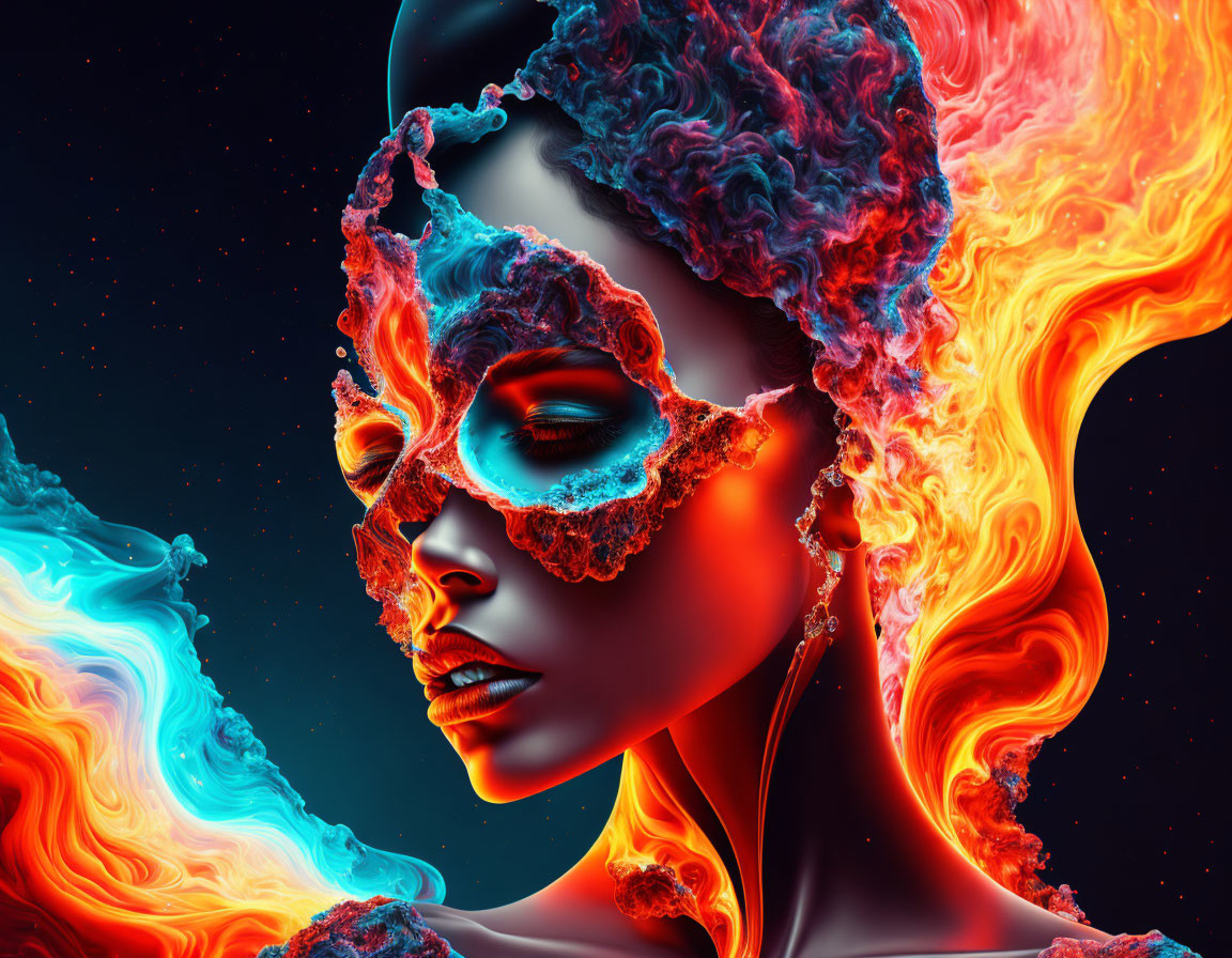 Colorful digital artwork: Woman's profile with fiery hair and lace mask against cosmic backdrop