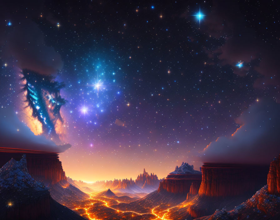 Majestic cosmic landscape with glowing lava rivers and star-studded sky