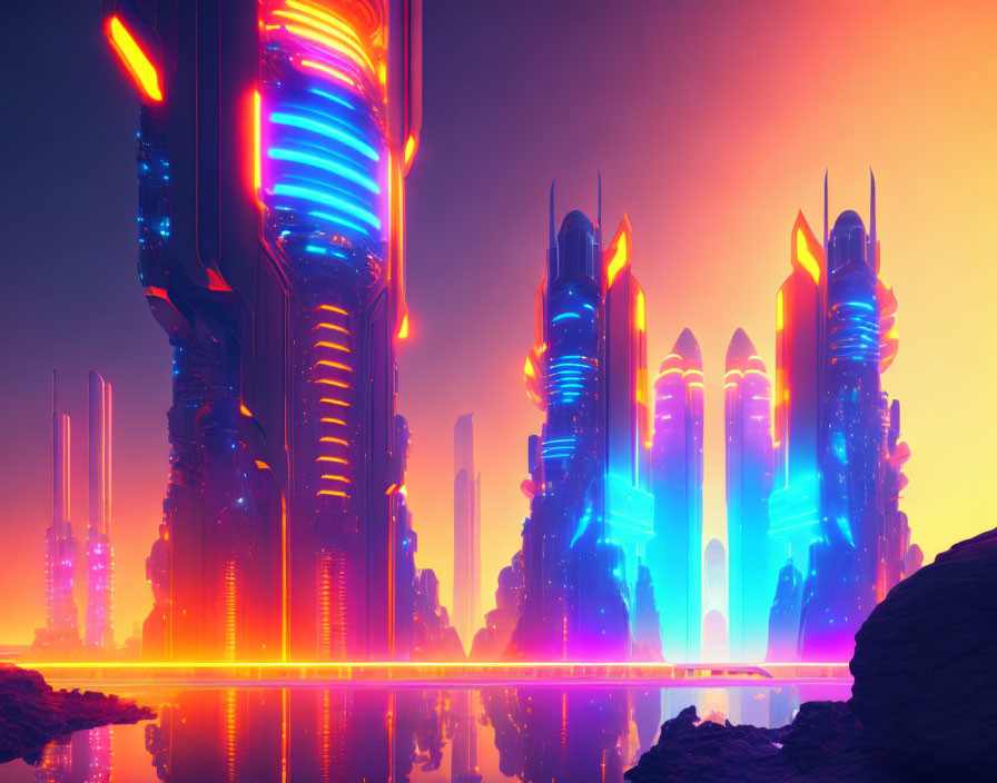 Neon-lit cyberpunk cityscape at twilight with futuristic skyscrapers reflecting on water