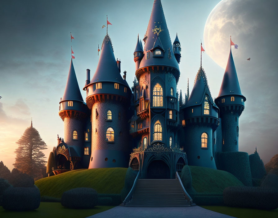 Fairytale castle digital illustration under twilight sky
