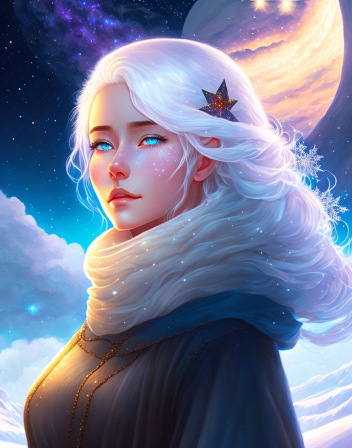 Digital artwork featuring woman with pale skin, white hair, and glowing blue eyes against vibrant night sky.