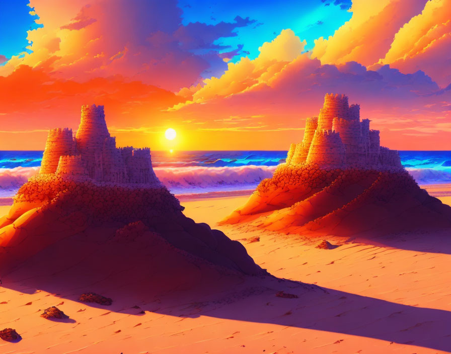 Colorful beach sunset with sandcastles and ocean waves