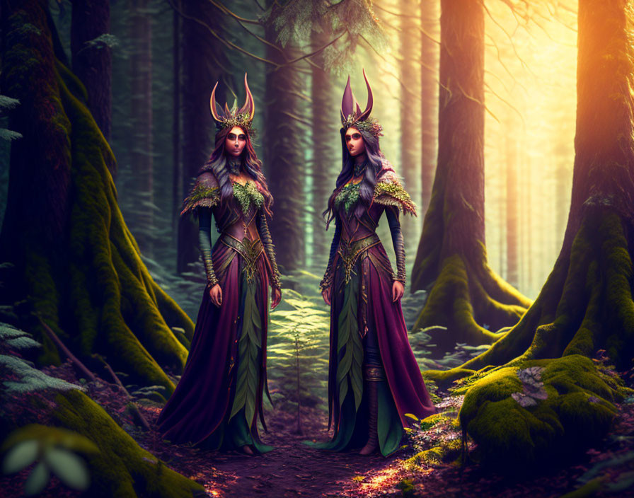 Two women in fantasy costumes with horned headdresses in mystical forest.