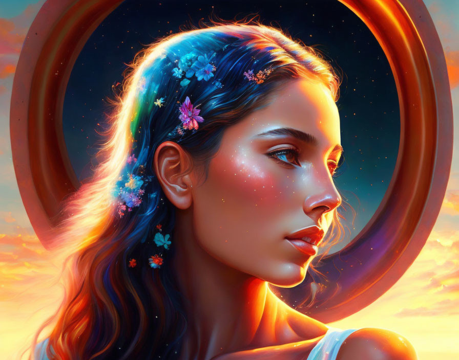 Digital artwork: Woman with celestial hair in vibrant sunset backdrop