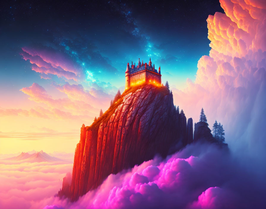 Fantastical castle on steep cliff under purple sunset sky