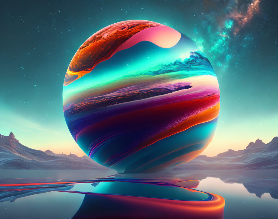 Surreal landscape with giant reflective sphere over tranquil water