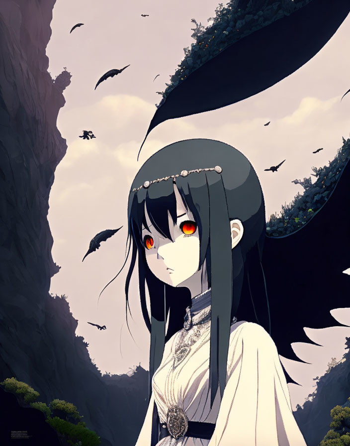 Black-Haired Anime Girl with Red Eyes and Headpiece on Cliff with Birds