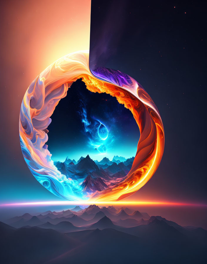 Colorful Abstract Art: Twisted Circular Form with Fire, Water, Mountains, Starry Sky