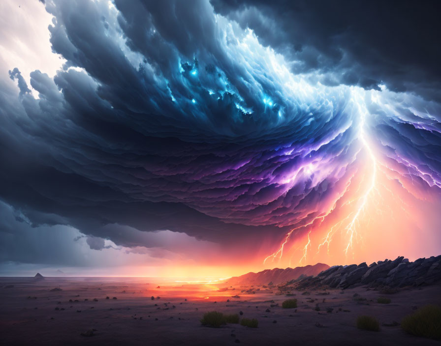 Intense lightning strikes in dramatic desert storm