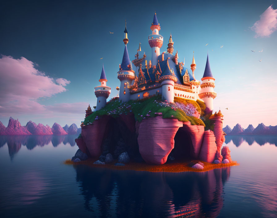 Fantasy castle with spires and turrets on rock in water at sunset