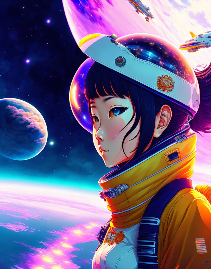 Young Female Astronaut in Clear Helmet Gazing at Cosmos with Vibrant Purple and Pink Hues