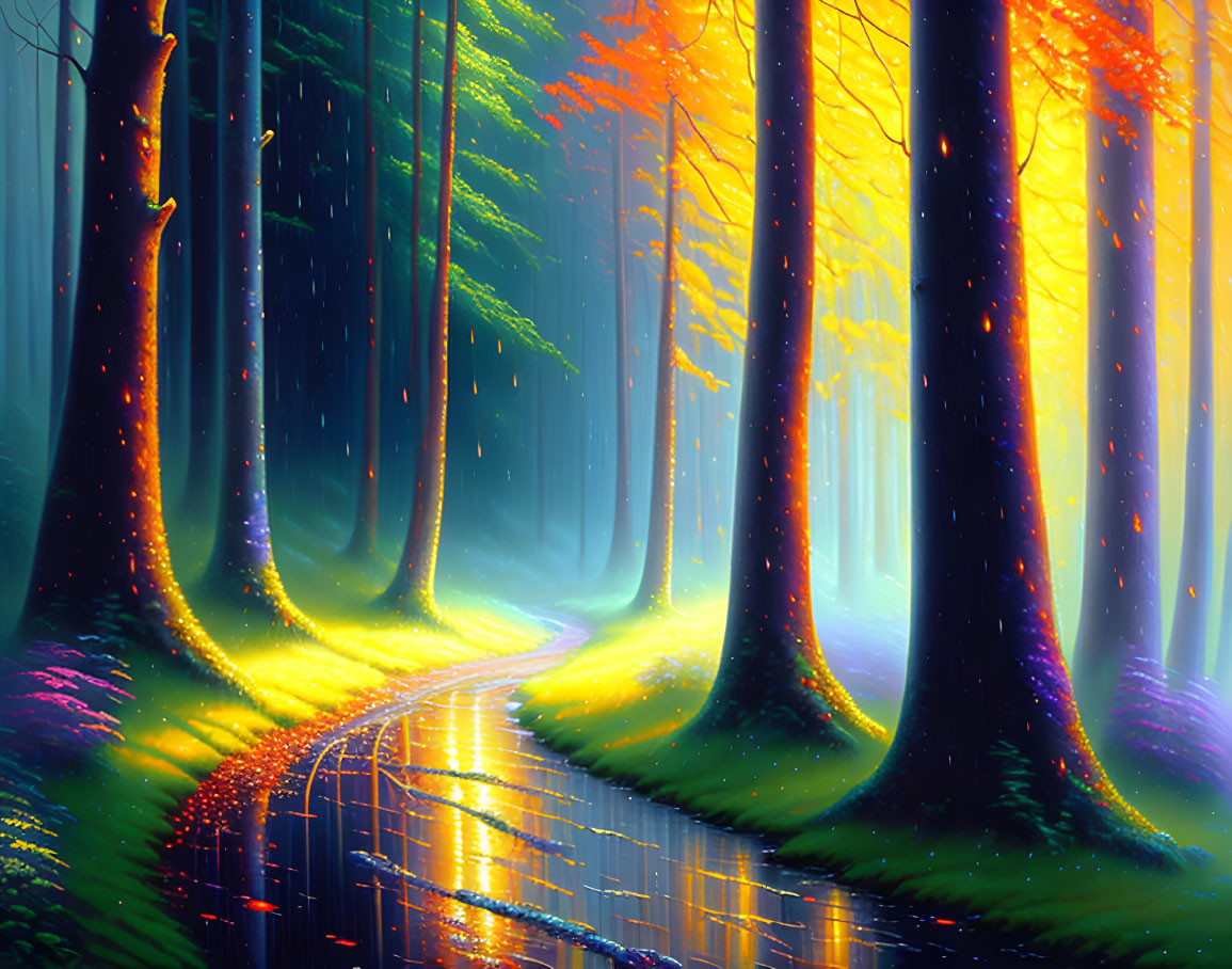 Colorful Forest with Winding Path and Magical Hues