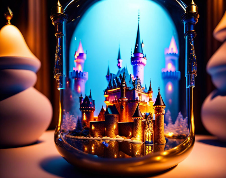 Colorful illuminated castle in glass globe with blurred objects and blue background