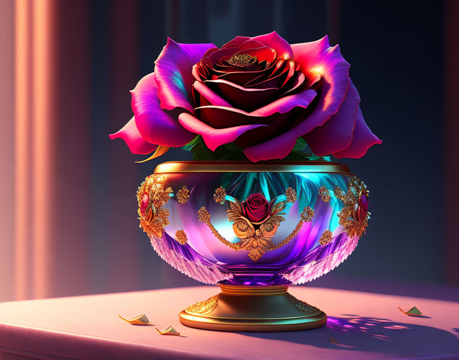 Vibrantly colored rose in ornate glass bowl with gold accents on purple backdrop