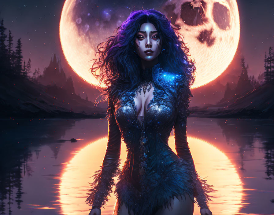 Fantasy female character with purple hair by moonlit lake