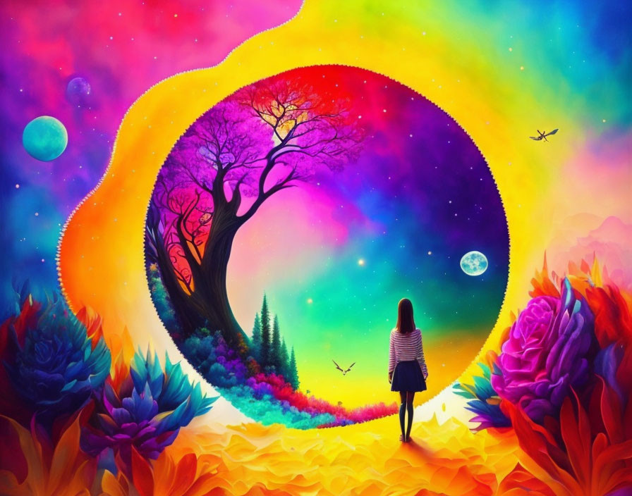 Colorful surreal landscape with girl, cosmic swirl, flora, celestial bodies, and silhouette tree