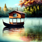 Tranquil boat house on calm lake with reflections, trees, and ducks