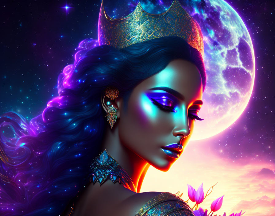 Digital artwork of woman with blue skin in cosmic setting