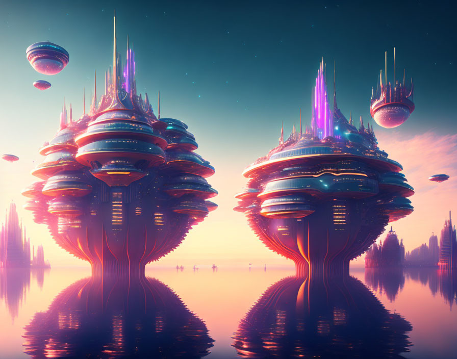 Futuristic floating cities with neon lights and otherworldly structures against a pastel sunset sky