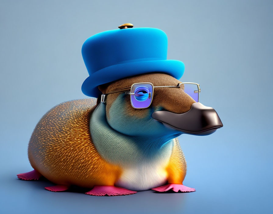 Stylized 3D illustration of a platypus in a blue top hat and glasses