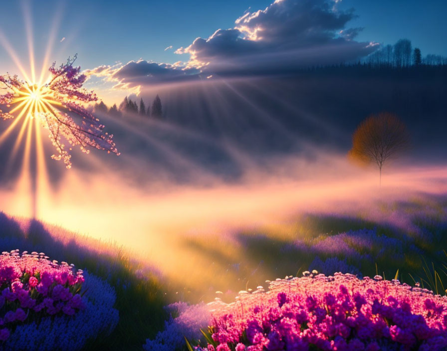 Vibrant sunset rays through trees onto misty field of purple flowers