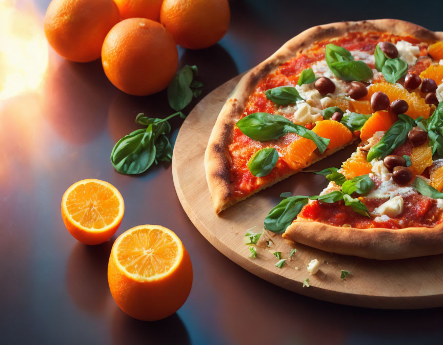 Colorful pizza with oranges, basil, and olives on wooden board