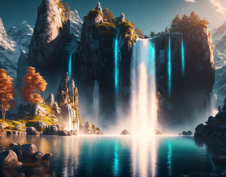 Tranquil twin waterfalls in serene landscape