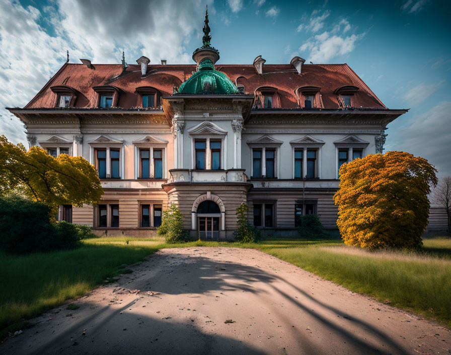 Old Mansion with Green Dome Surrounded by Autumn Trees and Dramatic Sky